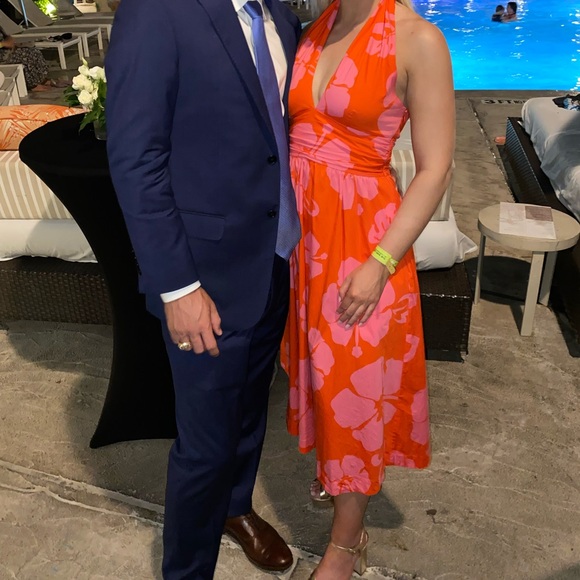 STAUD Moana Floral Cotton Halter Midi Dress in Red Hibiscus - Picture 2 of 5